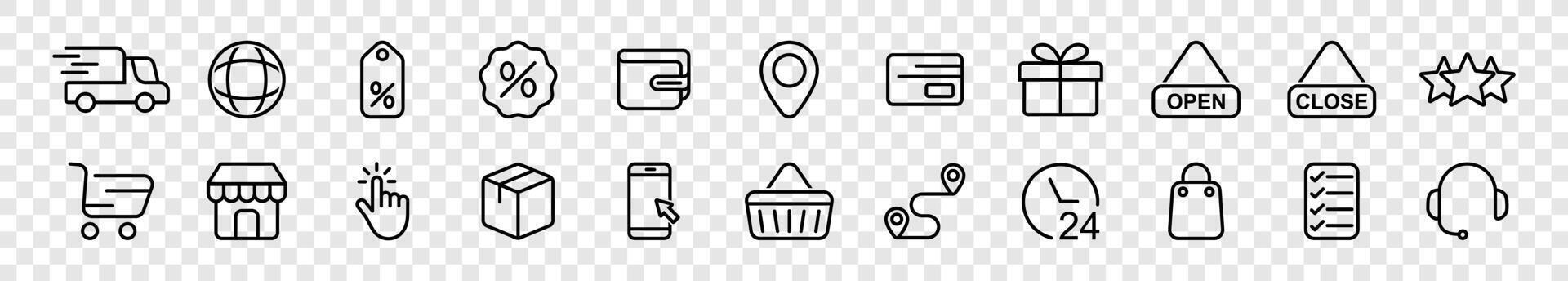 shopping line icons such as shopping bag, basket, discount, delivery, shop, location, payment, open, close, payment, wallet, package