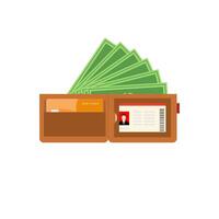 open wallet with banknotes, bank debit card and identity card flat design vector illustration. design for business, finance, banking, economics. Wallet with money dollar banknote