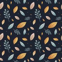 Vector seamless pattern of colorful leaves. Dark background, vector floral pattern.