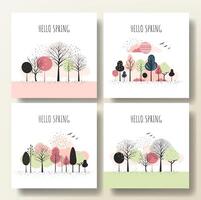 Set of spring cards with fairy trees. Spring trees minimalist style. Cartoon fantasy trees composition, frame. vector