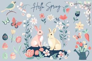 Spring collection. Hand drawn spring elements flowers, bird, bunny. Vector illustration. Trendy spring design