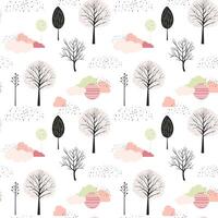 Cute fantasy seamless pattern. Scandinavian trees and clouds vector wallpaper. Childish background.