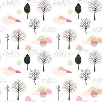 Cute fantasy seamless pattern. Scandinavian trees and clouds vector wallpaper. Childish background.