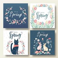 Set of spring greeting cards with cat and bunnies, spring background. Hello springtime frame. Easter template vector