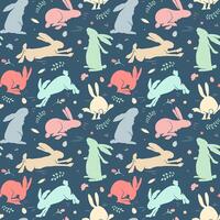 Vector seamless pattern with bunnies. Spring backgrounds. Trendy Easter design with bunny in pastel colors.