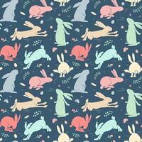 Vector seamless pattern with bunnies. Spring backgrounds. Trendy Easter design with bunny in pastel colors.