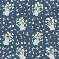 Vector seamless pattern with cute watering can with flowers. Spring backgrounds. Hand drawn print.