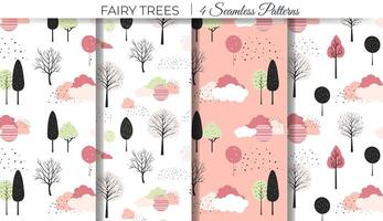 Cute fantasy seamless pattern. Scandinavian trees and clouds vector wallpaper. Childish background.