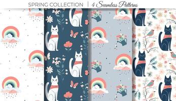 Set of spring backgrounds with rainbows and cats. Seamless pattern with fantasy elements. Childish texture vector