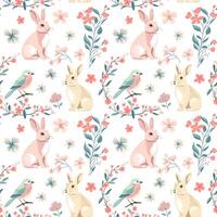 Vector seamless pattern with cute bunnies and bird. Spring backgrounds. Vintage rabbits hand drawn print.