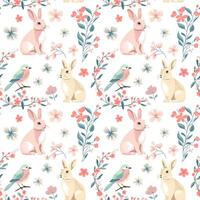 Vector seamless pattern with cute bunnies and bird. Spring backgrounds. Vintage rabbits hand drawn print.