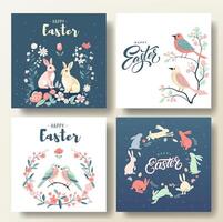 Set of Easter greeting cards with birds and bunnies, spring background. Happy Easter frame, template vector