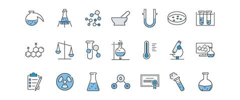 Chemical Laboratory line icons set. Flask, mortar, pestle, scale, molecule, test tube, flask, retort, burner, flame, certificate, petri dish vector illustration in gray and blue. Editable stroke