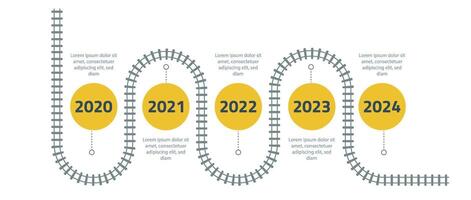 Timeline infographics template with 2024 in yellow and gray. Railroad track, Railway route. Vector illustration on a white background
