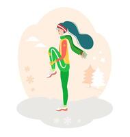 Winter workout. Training. Winter outdoor activity. Girl making exercises and warming up at winter season dressed in warm clothes. Flat cartoon vector illustration