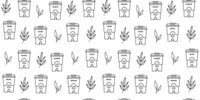 Recycling bins and leaves linear seamless pattern. Ecological and environment protection concept. Garbage and waste sorting. Dustbins for plastic, paper, glass, organic, metal, e-waste.  Background. vector