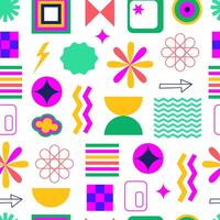 Y2k retro geometric seamless pattern. Bold vibrant abstract shapes and figures. Playful brutal geometry. Modern banner, background, wrapping paper. vector