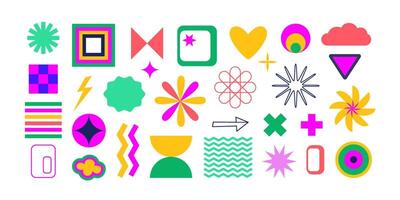 Y2k retro geometric shapes and figures. Bold vibrant abstract elements and stickers. Playful brutal geometry. Modern forms for banners, backgrounds. vector