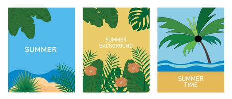 Set of summer background templates with copy space for text - summer landscape.Ocean horizon, beach and palm trees. Vector illustration.