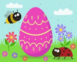 Easter background with Easter egg, ladybug, bee, clouds, flowers and grass. Spring background. Easter holiday. vector