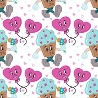 Seamless pattern with cupcakes and balloons in the form of hearts. Cartoon characters in retro style of the 50s, 60s. Vector illustration for Valentine's Day. Characters in love.