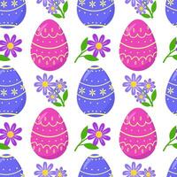 Colorful Easter seamless pattern with Easter eggs and cute flowers, suitable for Easter textiles, wallpaper, background for postcards, invitations. Vector design. Easter eggs and floral pattern.