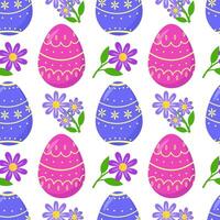 Colorful Easter seamless pattern with Easter eggs and cute flowers, suitable for Easter textiles, wallpaper, background for postcards, invitations. Vector design. Easter eggs and floral pattern.