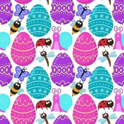 Easter, spring seamless cartoon-style pattern with Easter eggs, butterflies, dragonflies, insects on a white background. Vector illustration.