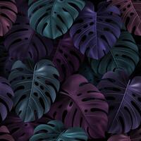 Tropical colorful leaves Monstera on dark background. Seamless pattern. Realistic 3D illustration for textile, hawaiian style, wallpaper, sites, cards, web design. Vector repeating botanical texture