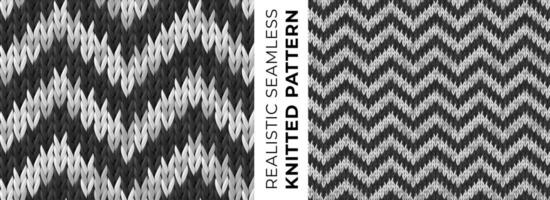 Realistic chevron seamless knitted pattern. Detailed zigzag ornament. Texture of monochrome knitwear for background, wallpaper, wrapping paper, website backdrop, winter design. Vector illustration.