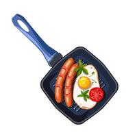 Scrambled eggs in a square frying pan. Fried sausages with eggs. Healthy dinner. Healthy eating. Vector