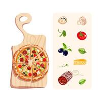 Italian food. Appetizing Pepperoni pizza on a cutting board. Ingredients for pizza. Vector