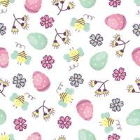 Seamless Easter pattern with eggs, flowers and bee. In bright colors on a white background. Hand drawn style. Creative texture for fabric, paper. vector