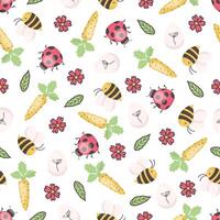 Easter seamless pattern with egg, carrot, flower, bee, ladybug and leaf. In cartoon style. Stock isolated image on a white background. Great for Easter Cards, banner, textiles, wallpapers. vector