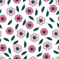 Summer seamless pattern with cute flowers in cartoon style. Stock isolated image on a white background. Creative texture for fabric, paper. vector