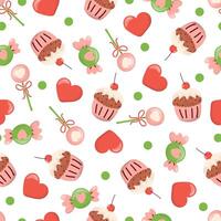 Seamless pattern for valentine's day with heart, muffin, lollipop, and candy. Valentine's Day gift wrapping paper texture. Hand drawn vector background. Stock isolated image on a white background.