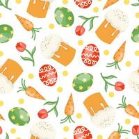 Easter seamless pattern with Easter cake, eggs, tulip and carrot. Cute cartoon repeat background. Stock isolated image on a white background. Creative texture for fabric, paper. vector