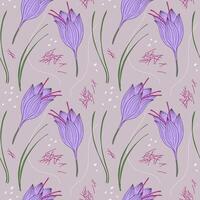 Flower saffron spice plant seamless pattern hand drawn vector illustration design repeating background with crocus flower, leaf for textile, banner, paper, card, wrapping,  template. Food ingredient