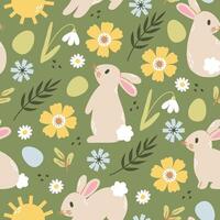 Seamless pattern with rabbit, flowers, eggs. Vector flat illustration for wallpapers, wrapping, textiles.