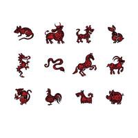 Set of eastern horoscope symbols with drawn red ethnic flowers, vector illustration eps 10