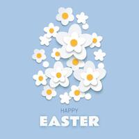 Happy Easter cute greeting card paper cut design with spring white blossoms arranged in an egg shape vector