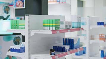 Boxes of prescribed medicine displayed in empty drugstore, awaiting clients to purchase or include under medical coverage. Pharmacy equipped with nutritional products and pharmaceutical drugs. video