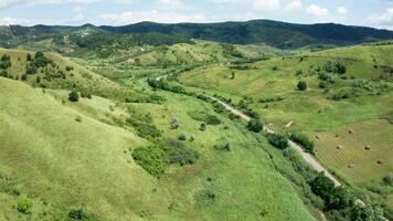 Cinematic drone aerial footage of rural landscape in hot summer video