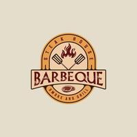 barbecue steak logo emblem vector illustration template icon graphic design. BBQ grill with flame and meat fork sign or symbol for food restaurant steak house with badge retro typography style