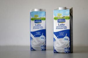 KYIV, UKRAINE - 4 MAY, 2023 Pascoli Italiani packages of latte tetra pack milk photo