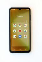 KYIV, UKRAINE - 4 MAY, 2023 Samsung Galaxy A04 Android smartphone has 6.5-inch PLS LCD panel with Infinity-V design photo