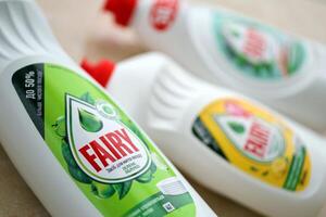 KYIV, UKRAINE - OCTOBER 31, 2023 Bottle of Fairy washing up Liquid produced by Procter and Gamble and sold in most parts of Europe photo