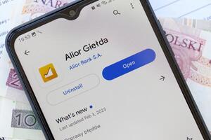 TERNOPIL, UKRAINE - AUGUST 3, 2023 Alior application on screen on modern smartphone. Official app of famous polish bank photo