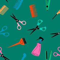 Seamless pattern with hand drawn hairdressing salon objects on a dark background. Vector illustration of hairbrush, scissors.Wallpaper, textile, wrapping paper design template.