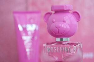 KYIV, UKRAINE - 4 MAY, 2023 Bottle of Toy bubble gum perfume by Moschino, is an Italian luxury fashion house founded in 1983 by Franco Moschino photo